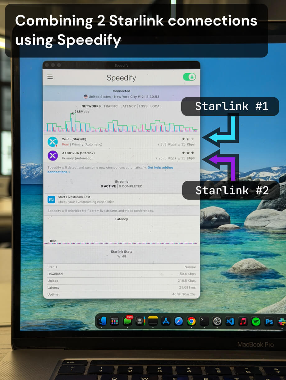 Speedify bonding two Starlink connections simultaneously on a MacBook