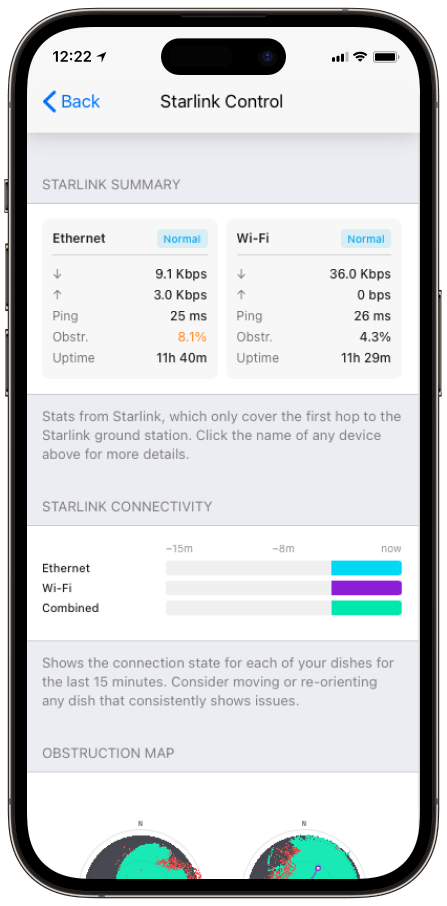 Speedify Starlink Control Center — dish performance monitoring on iPhone